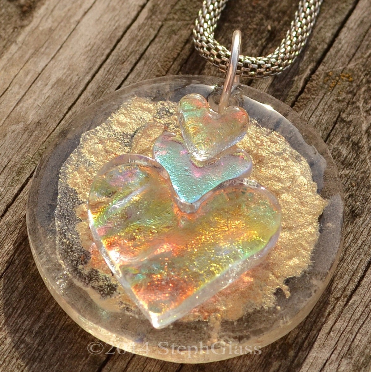 Triple Heart Pendant Dichroic Fused Glass Necklace