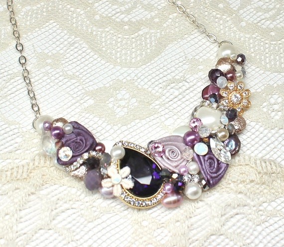 Items Similar To Plum Statement Necklace Eggplant And Ivory Bib