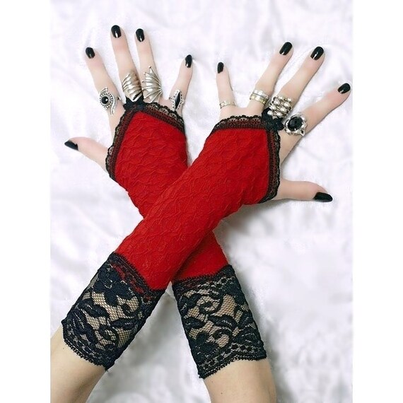 long black and red fingerless gloves, lace arm warmers in gothic