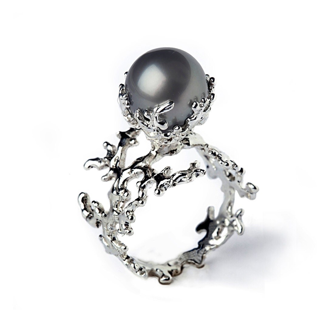 WHITE CORAL Tahitian Pearl Ring Black Pearl Engagement by arosha