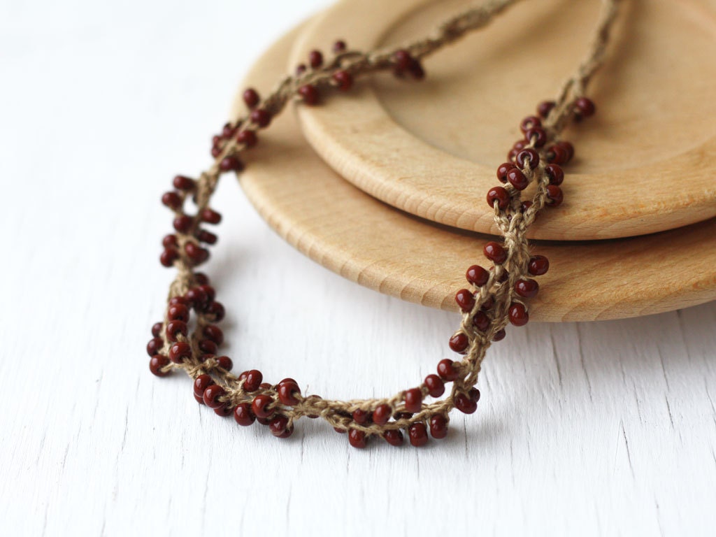 Bead Crochet Necklace Brown Rustic Natural Linen Boho Chic