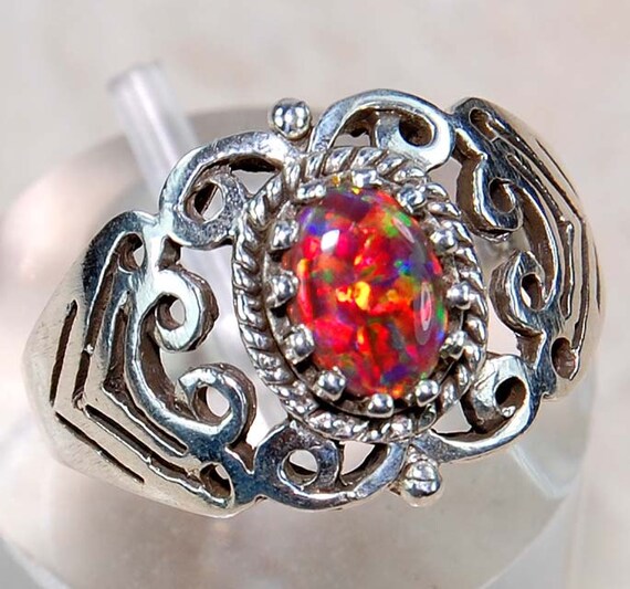 Authentic Red Fire Opal 925 Solid Sterling Silver Edwardian Style
