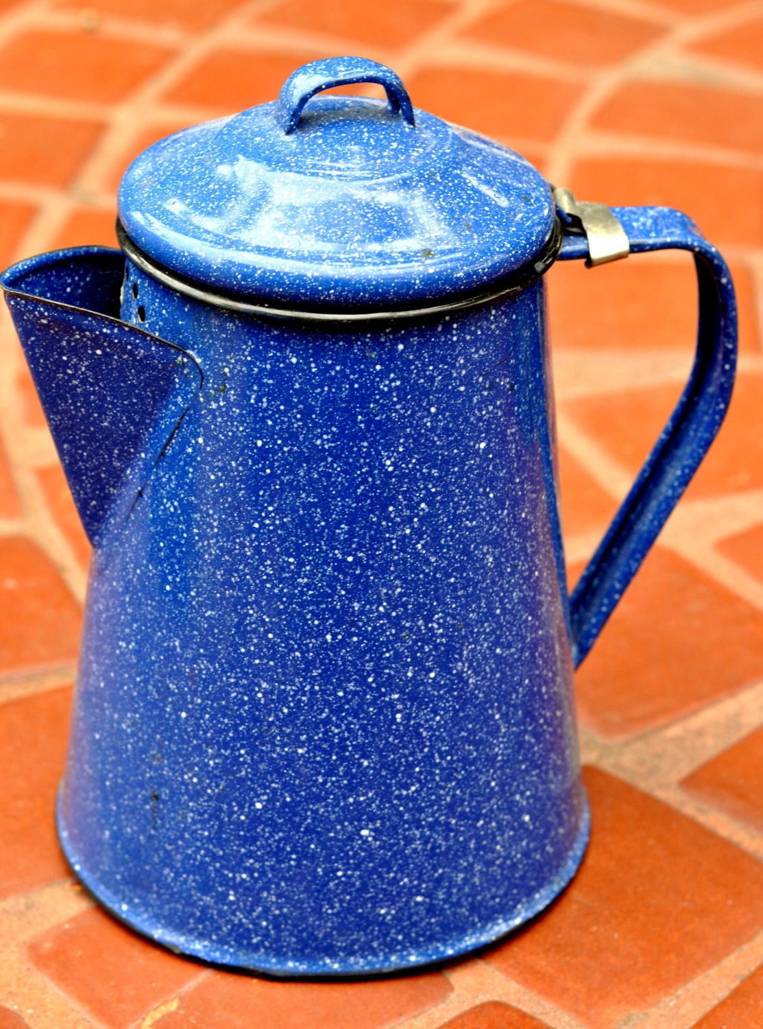 Vintage Blue Speckled Enamelware Coffee Pitcher By FrontRowTraders