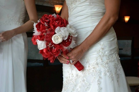 Alternative Bridal Bouquet/ Red and ivory Rhinestones and pearls Ready to ship