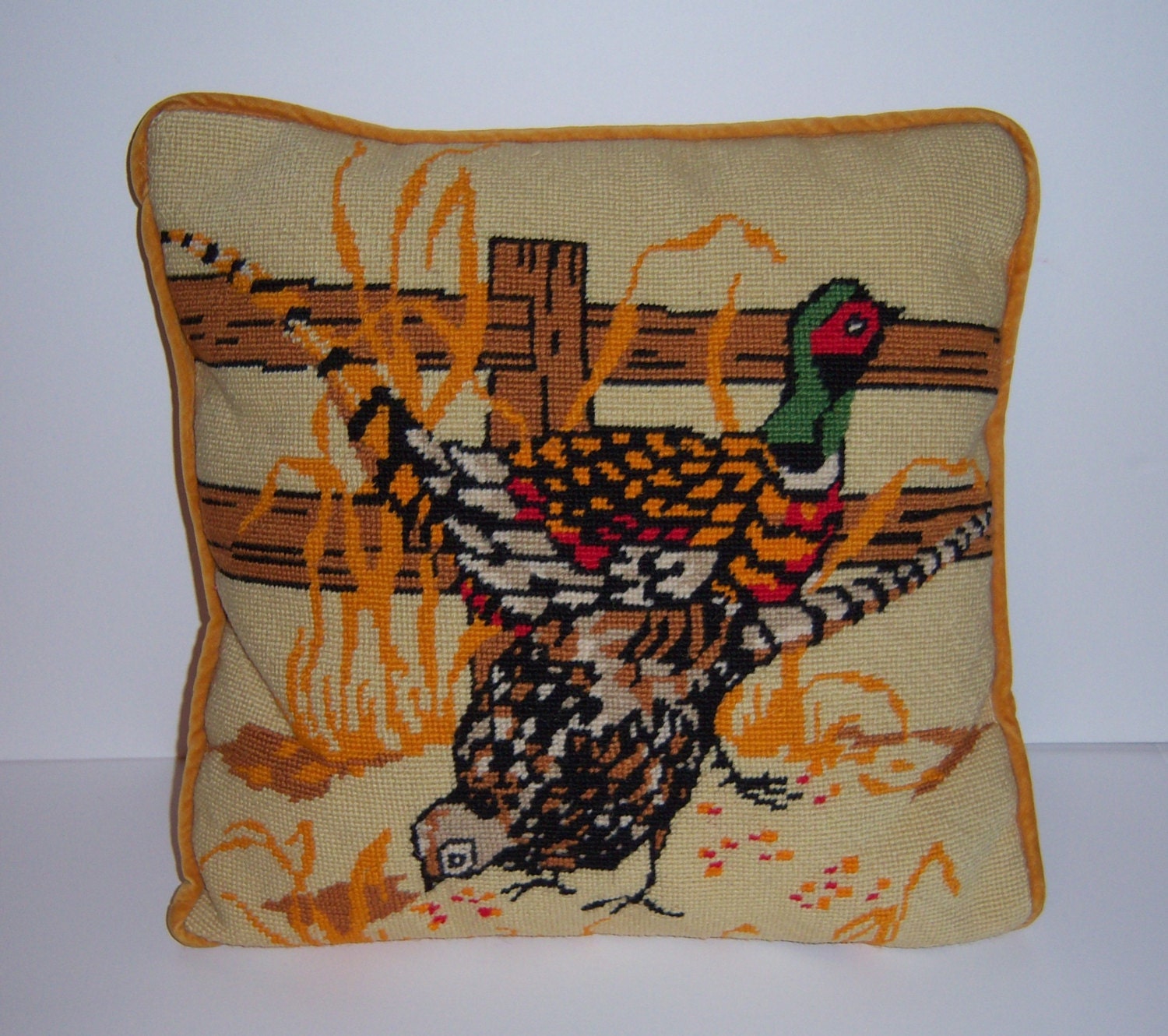 Vintage Needlepoint Pillow Pheasants Pheasant by VintagePrepGirl