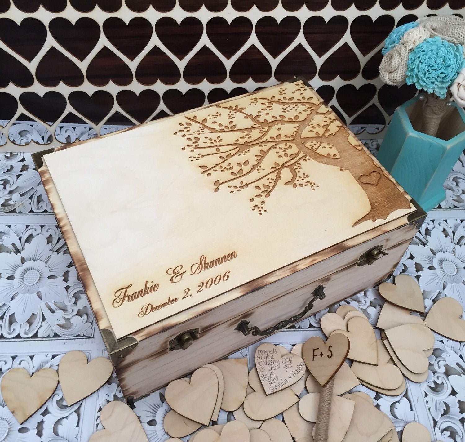 Large Rustic wedding guest book alternative / guest book / memory box / wood burned box / keepsake box/ wedding tree / side tree