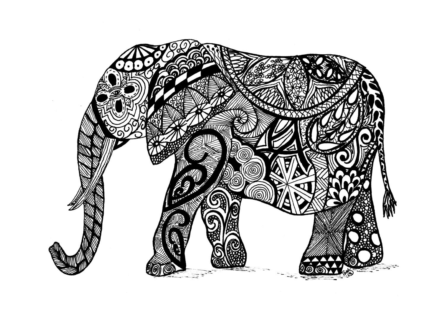 Elephant Art Zentangle Doodle Art Black And By Tangledartandzen