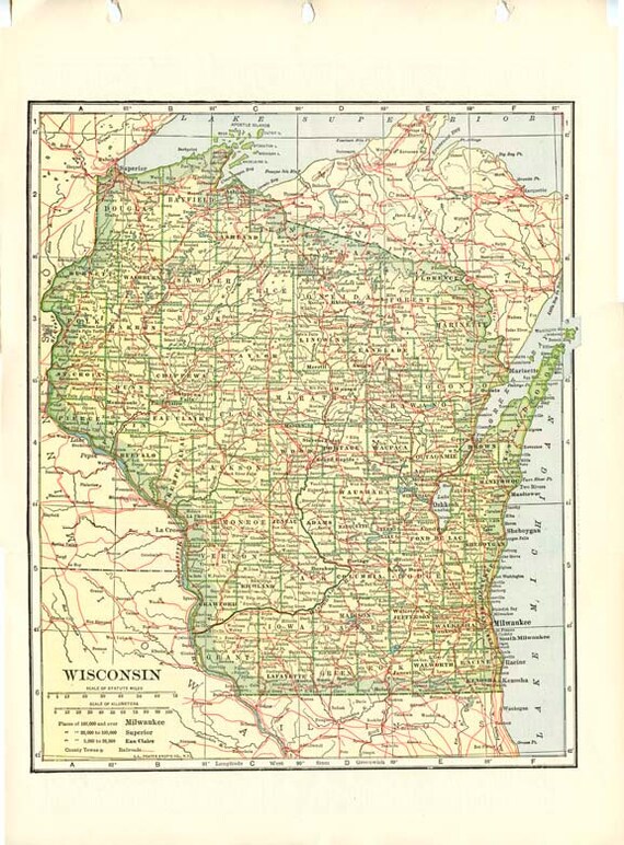 WISCONSIN VINTAGE MAP Nelson's Perpetual by wordsandmelodies