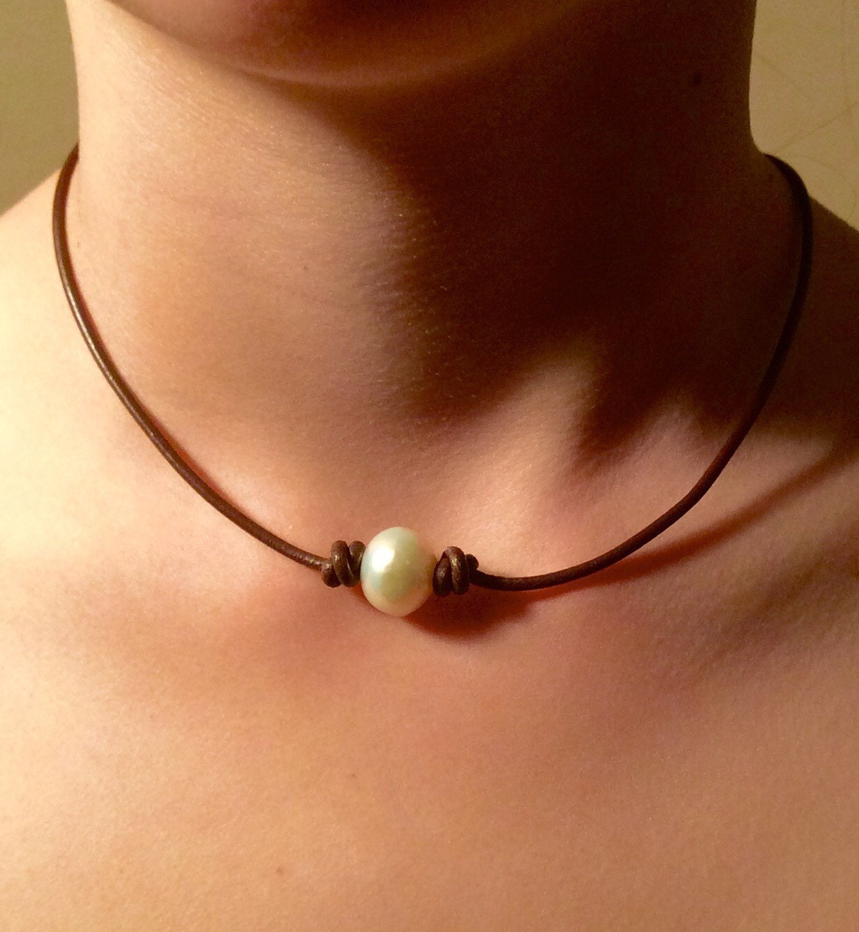 Pearl on leather pearl choker single pearl knotted by GloriaSnow