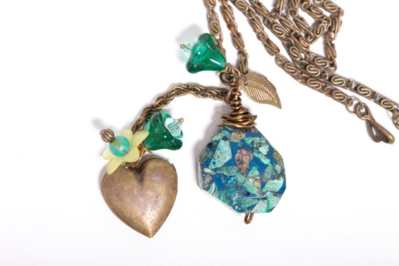 Ooak Teal Blue Heart Vintage Style Necklace Wire Wrapped