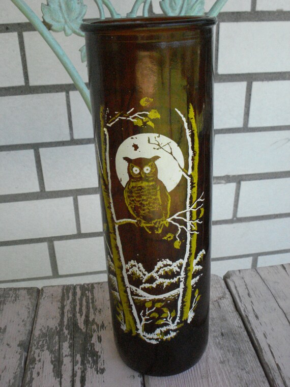 Vintage 1970's 9 Owl brown glass pillar candle by EvieLouVintage