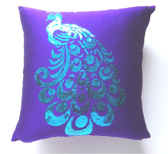 Purple Sequin peacock Pillow cover 18 inch by Comfyheavenpillows