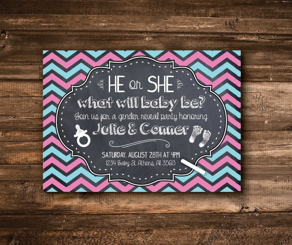 Gender Reveal Party Invitation Chalkboard Chevron DIGITAL