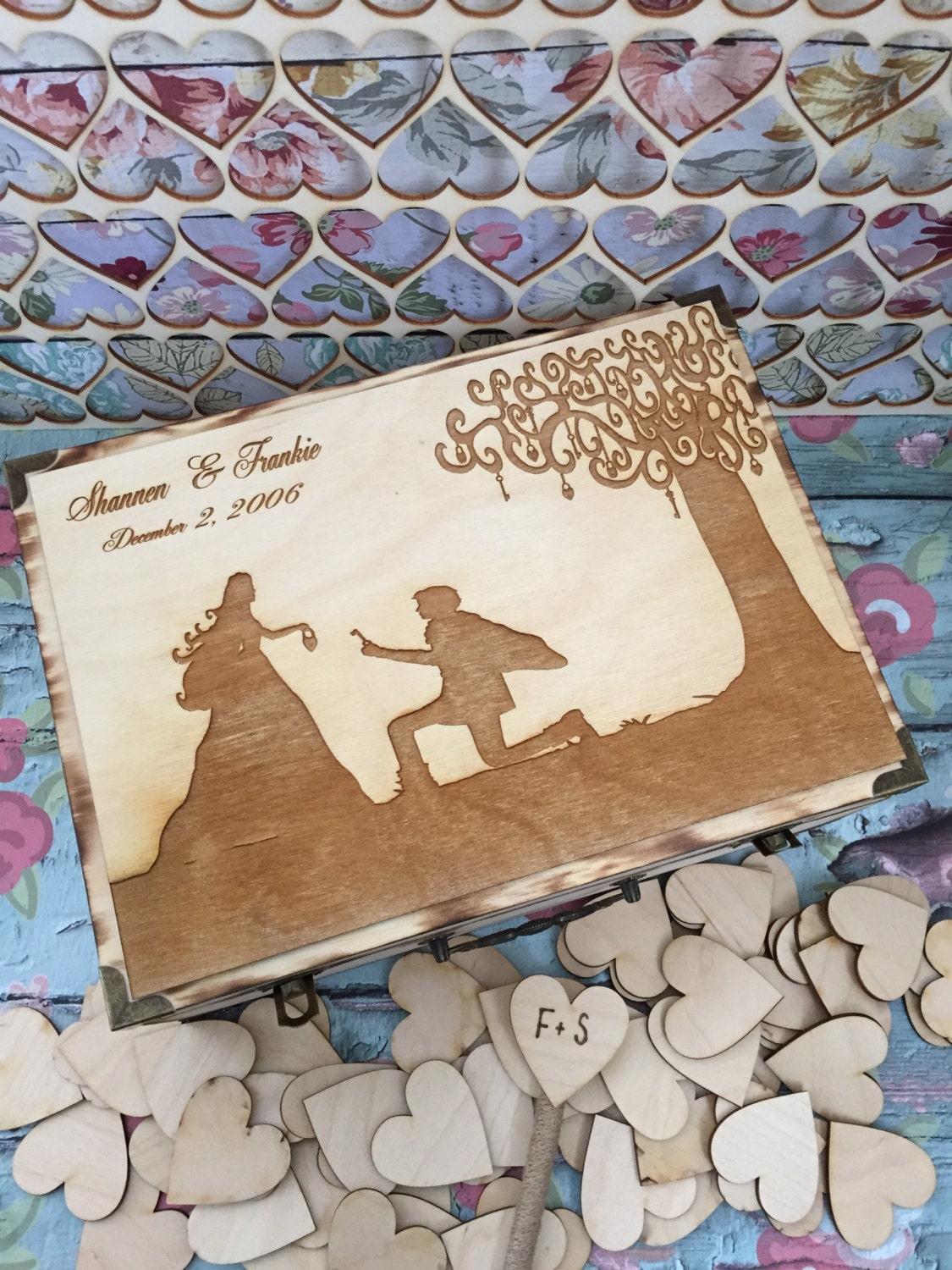 Large Rustic wedding guest book alternative / guest book / memory box / wood burned box / keepsake box/ wedding tree / key to my heart