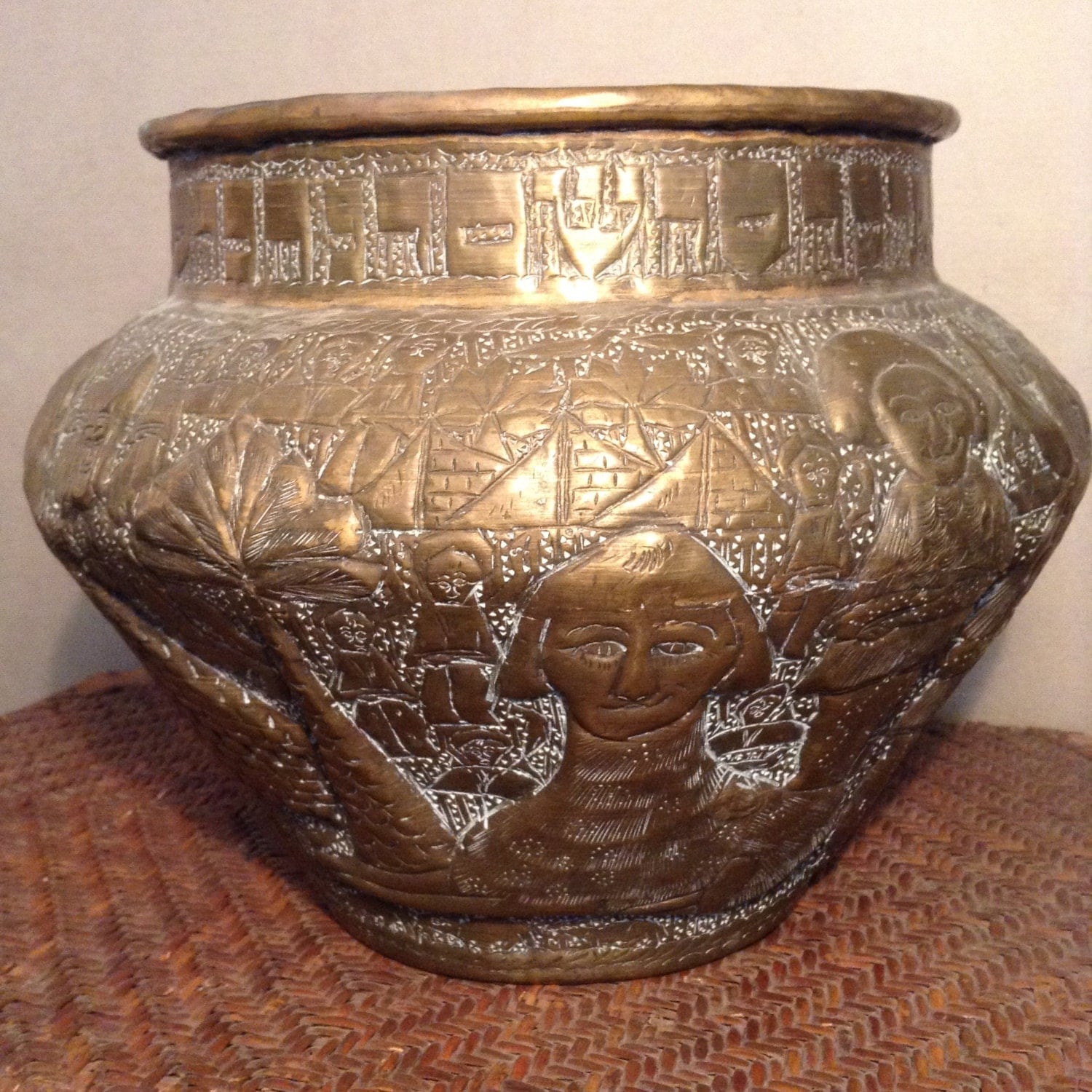 Vintage Etched And Embossed Brass Repousse Pot Or Planter With