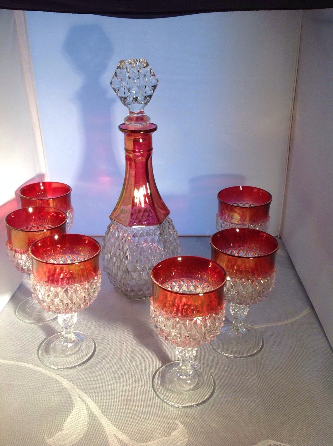 Indiana Glass Diamond Pattern Decanter And 6 Glasses Haute Juice