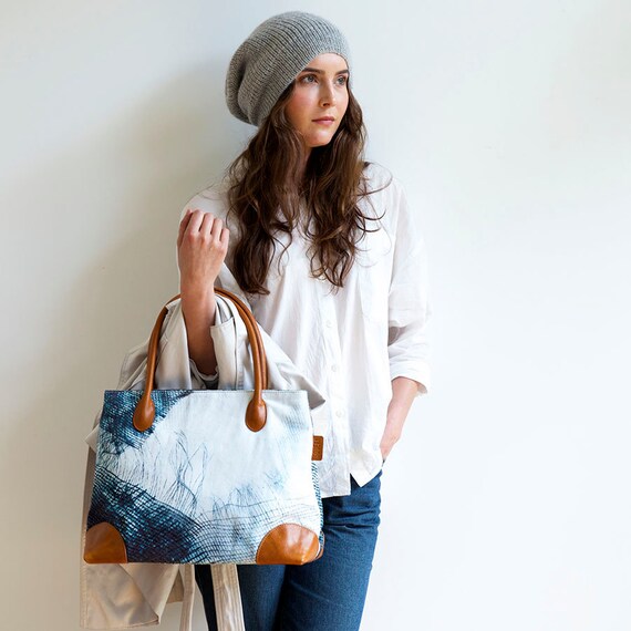 Woven - Digitally Printed Cotton Tote Bag with Leather Details