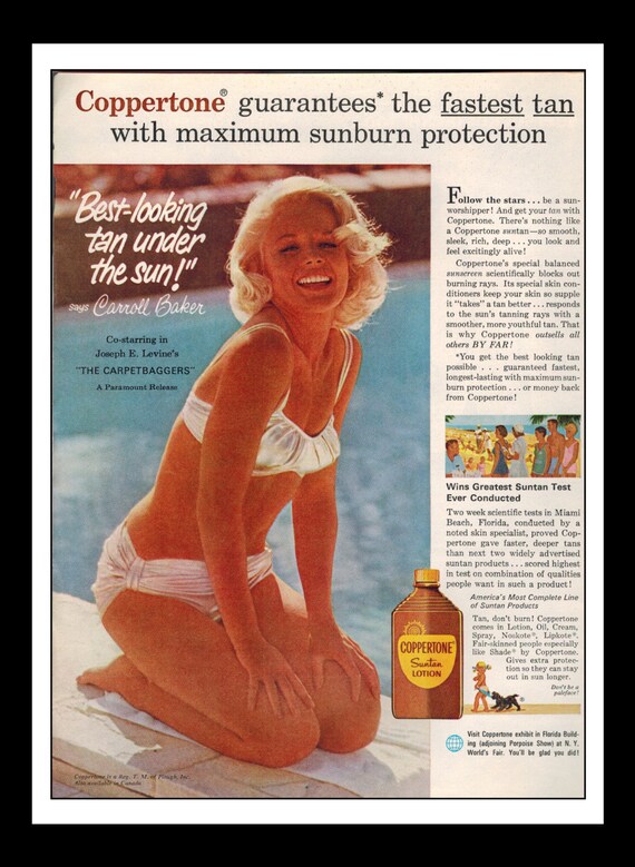 Vintage Print Ad June 1964 Coppertone Carroll Baker Bikini