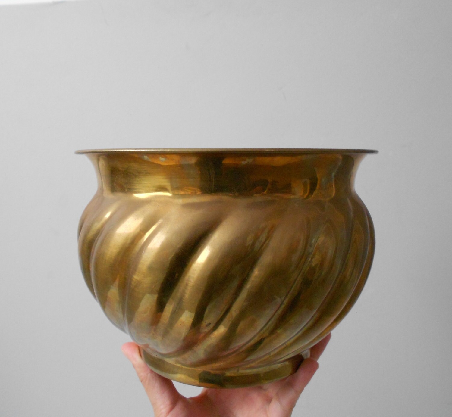 Vintage Spiral Solid Brass Planter Flower Pot