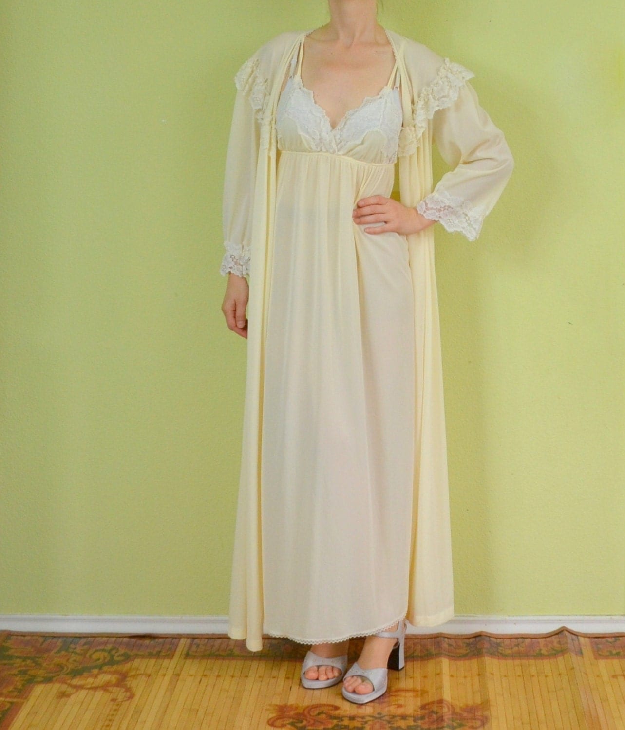 Vintage S Nightgown Robe Lingerie Set Lace Peignoir Night