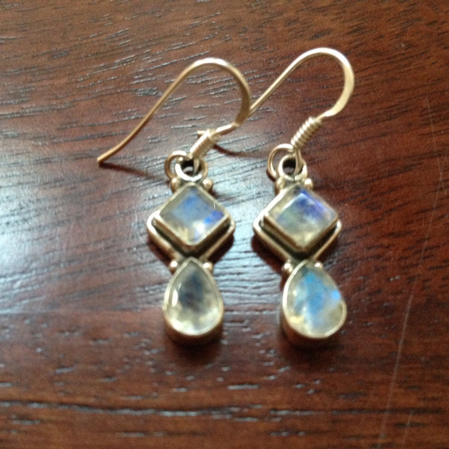 Items similar to Copper Dangle Earrings with Moonstone Gemstone Accents