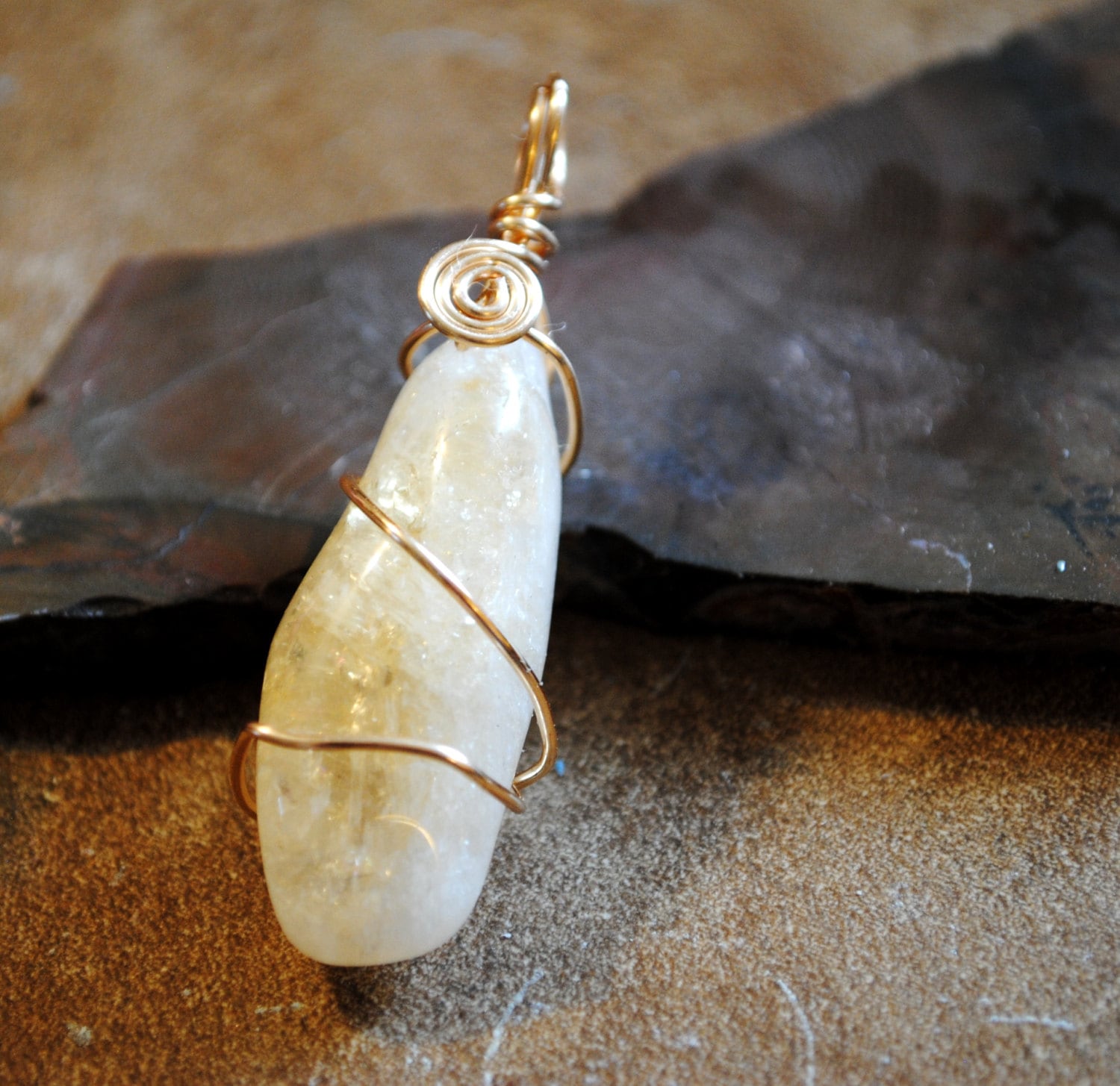 Raw Citrine Pendant Necklace Gold Wire Wrapped By TheOrigamiDonkey