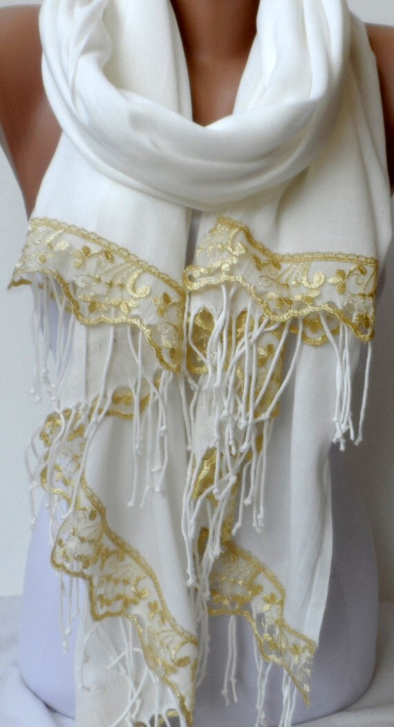 Gold French Lace Cream Pashmina Shawls Bridesmaid By Elegancescarf