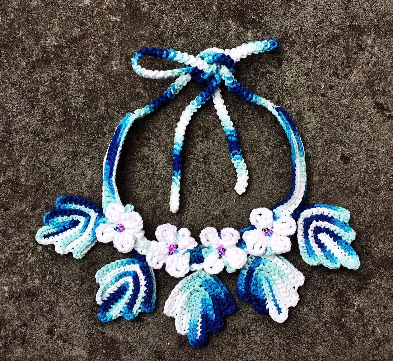 Irish Crochet Necklace Blue And White Unique Handmade Beaded