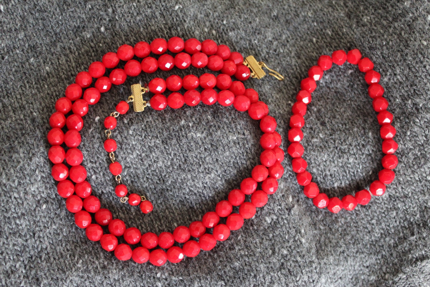 Vintage S Double Strand Red Faceted Glass Bead Necklace Haute Juice