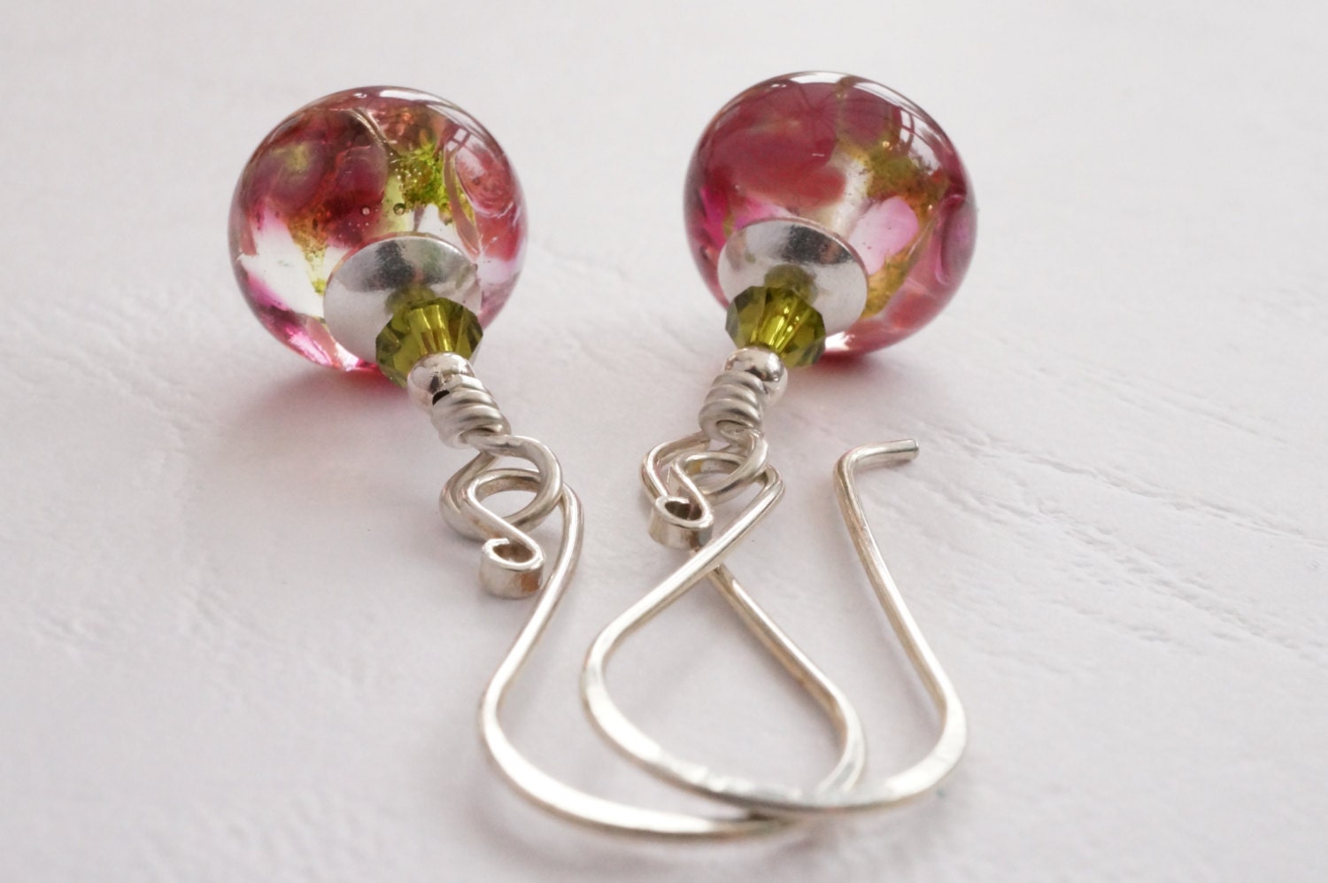 Pink And Green Earrings Lampwork Earrings With Swarovski