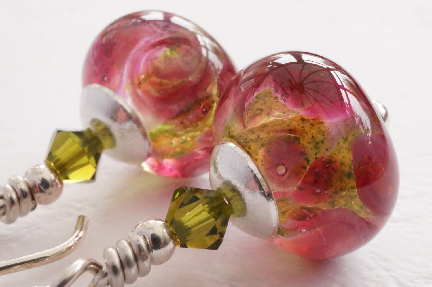 Pink And Green Earrings Lampwork Earrings With Swarovski