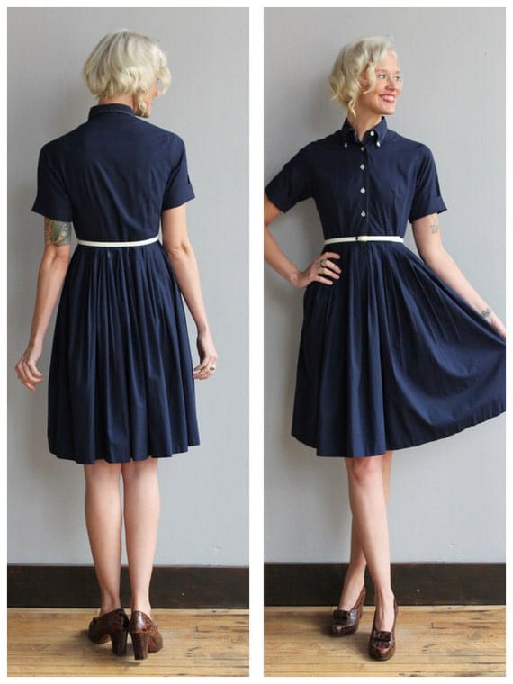 1950s Dress Navy Petite Shirtwaist Dress Vintage 50s