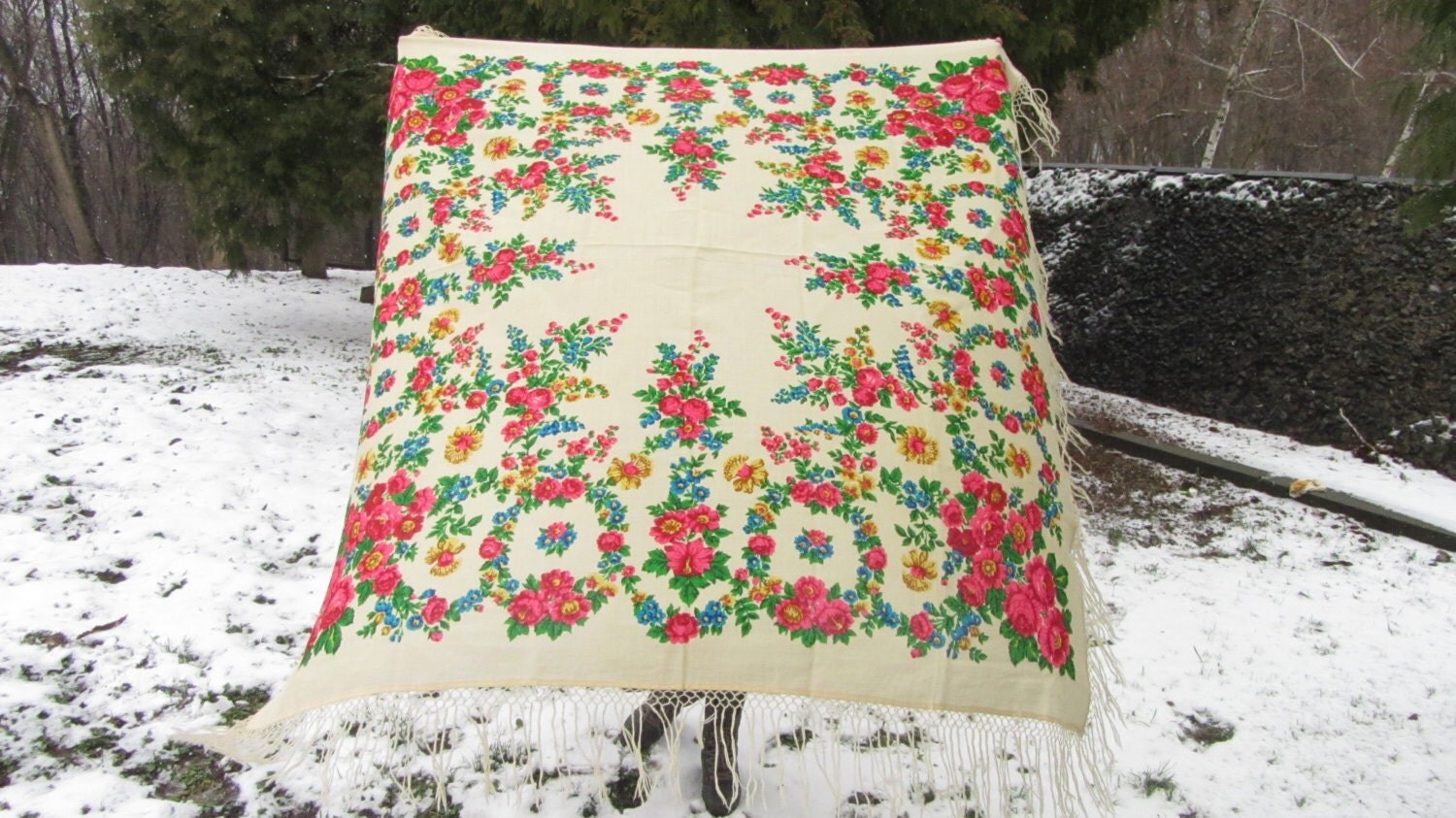 Pure Wool Rich Floral Vintage Scarf White Ukrainian, Russian Floral Scarf, white