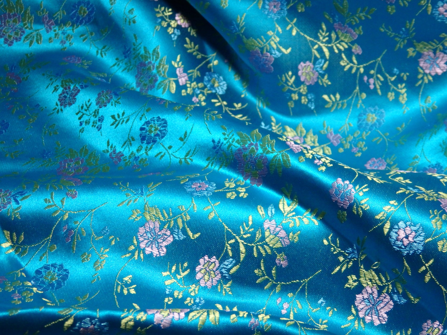 Chinese Satin Brocade Fabric In Turquoise With A Floral