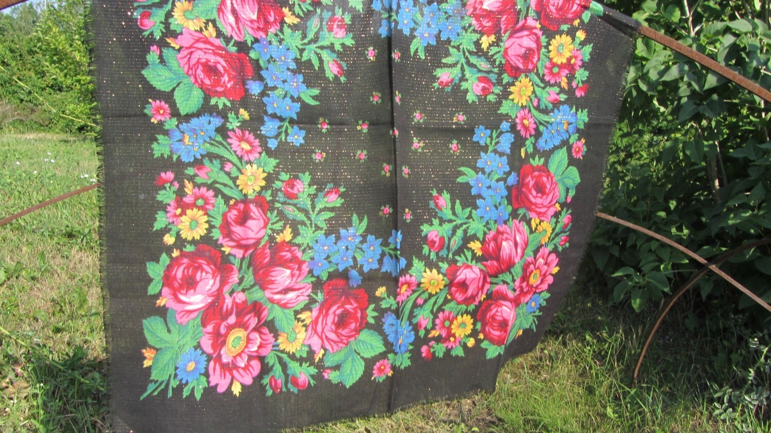 Black Wool Vintage Ukrainian Scarf, Russian Floral Scarf, black shawl, black USS