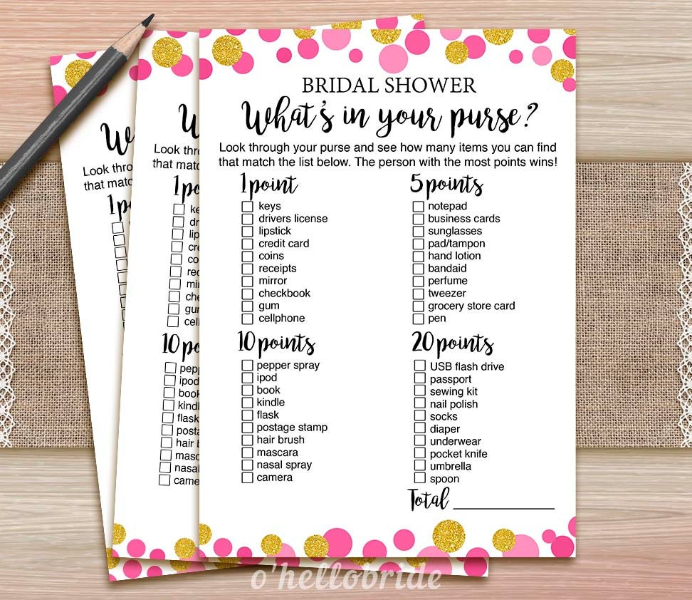 What S In Your Purse Game Printable Pink Gold Bridal