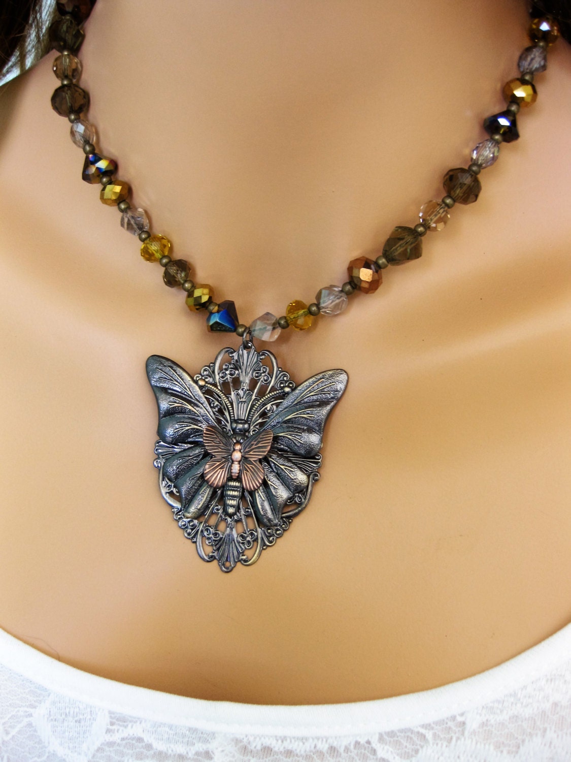 Butterfly Necklace Beaded Necklace Brown Beaded Necklace