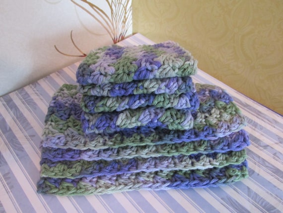 8 COTTON DISHCLOTHS CROCHET Purple Green Variegated Set Of 8