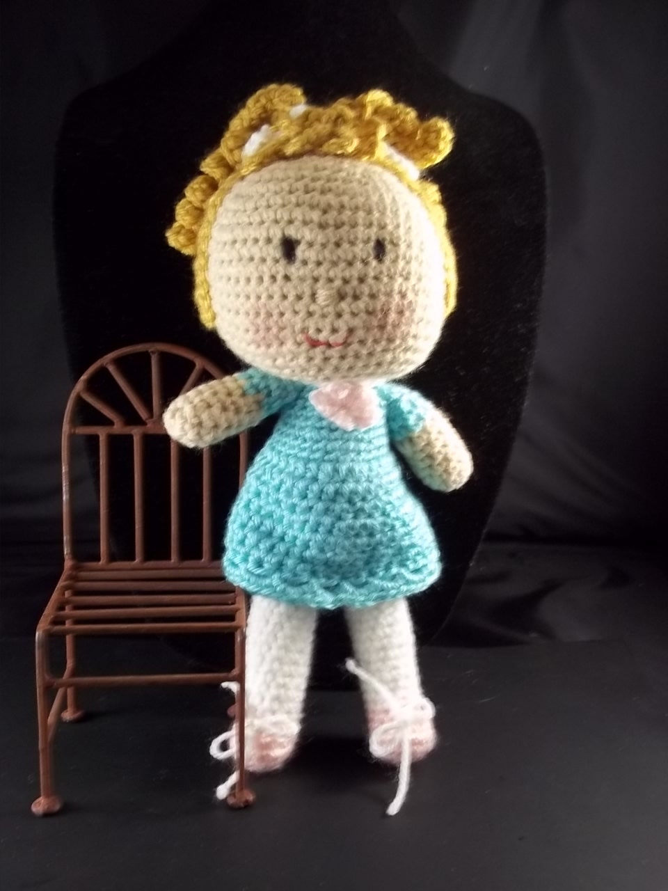 Hand Crocheted Doll Golden Blonde Hair Aqua Dress