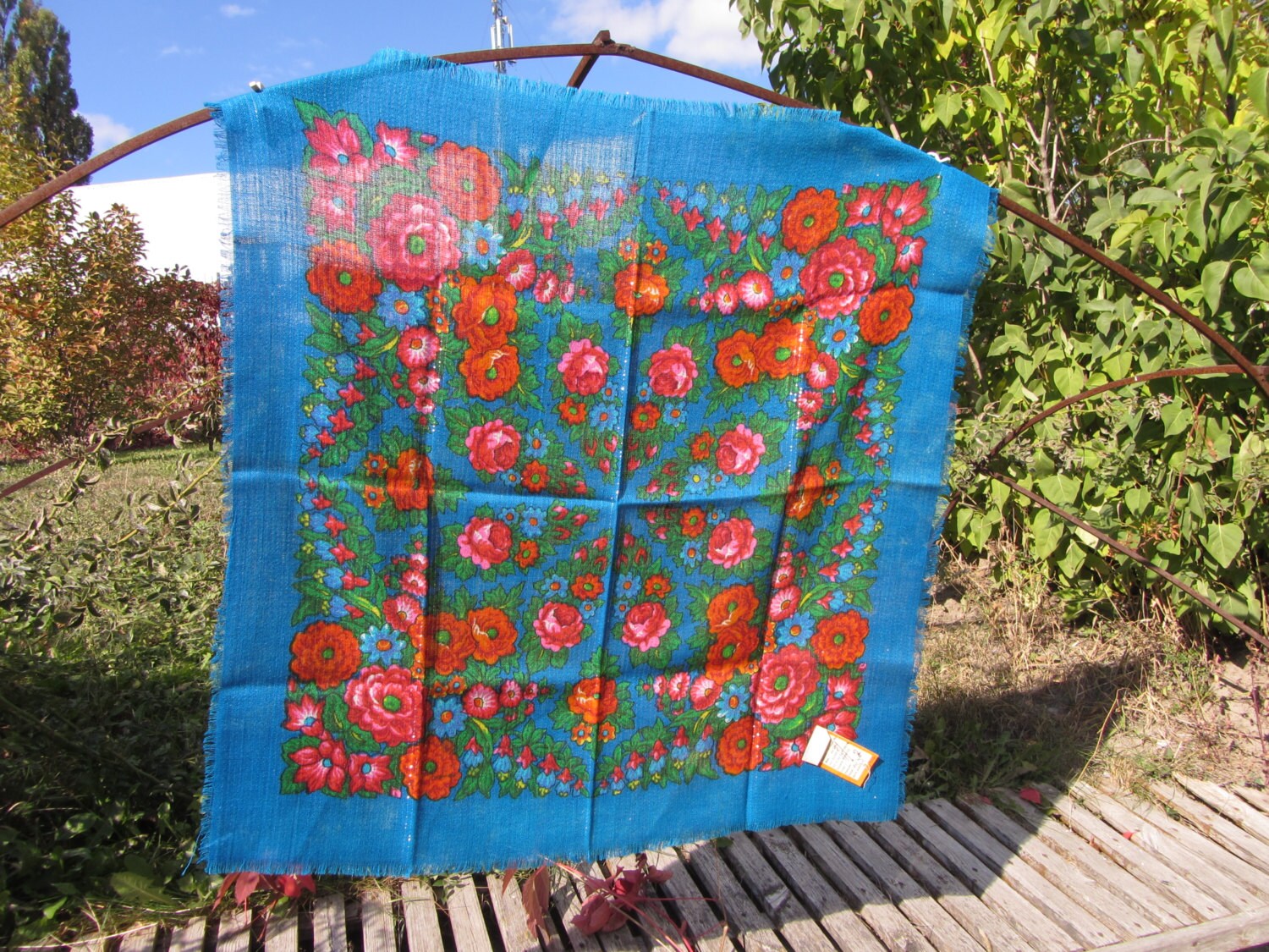 Azerbaijan Vintage Blue Floral Wool Shawl, Azerbaijan Floral Blue Scarf, russian