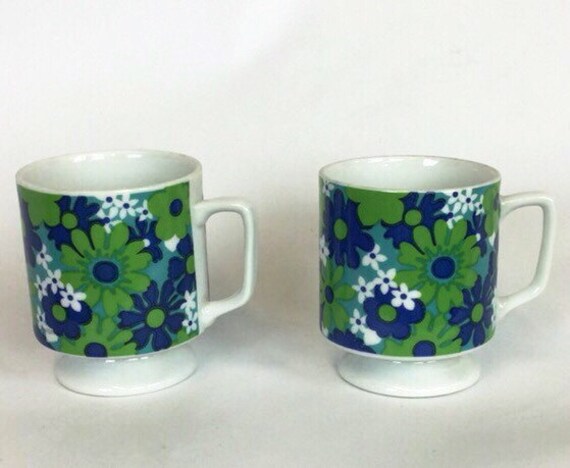 1960s Green Blue Mod Floral Ceramic Footed Mugs