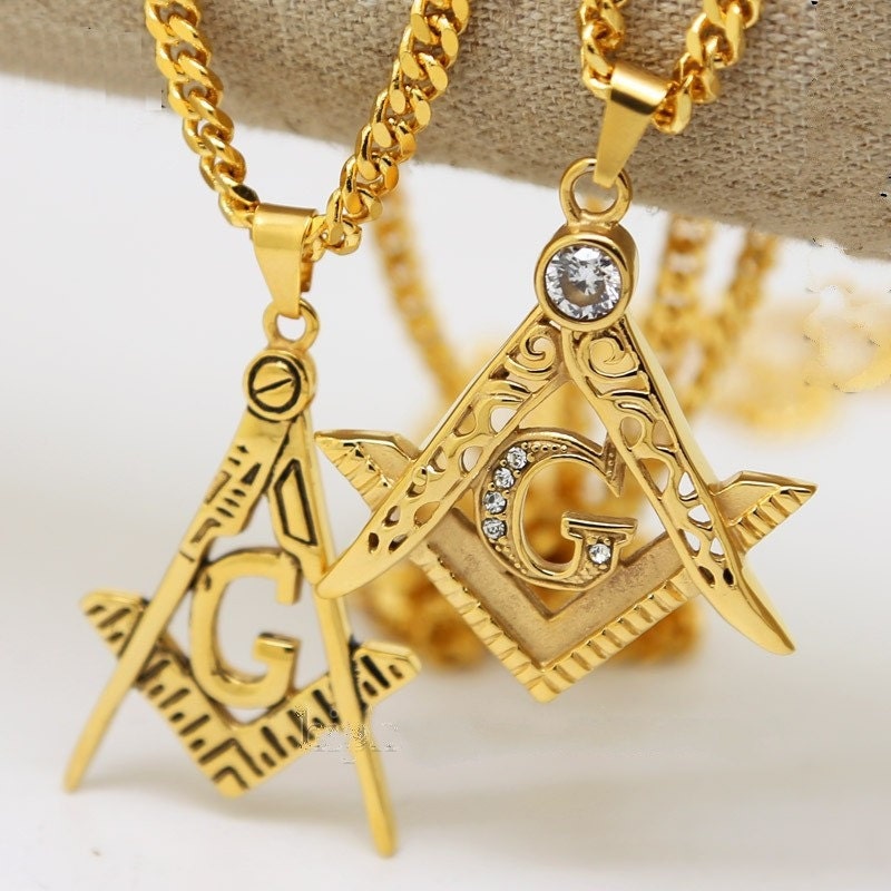 Mens Stainless Steel Masonic Illuminati Symbol 24K Gold Plated