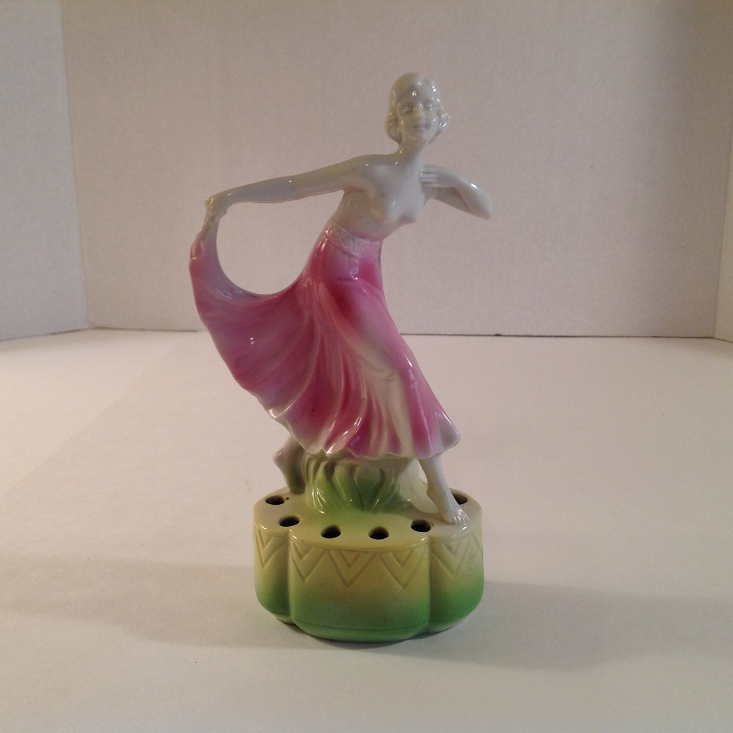 Art Deco Porcelain Semi Nude Dancing Lady Flower Frog From