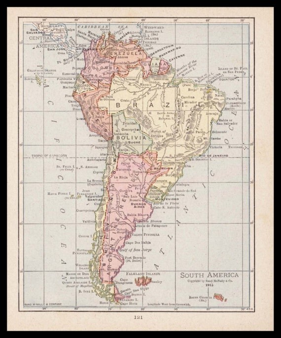 Small South America Map Of South America Art Vintage Atlas