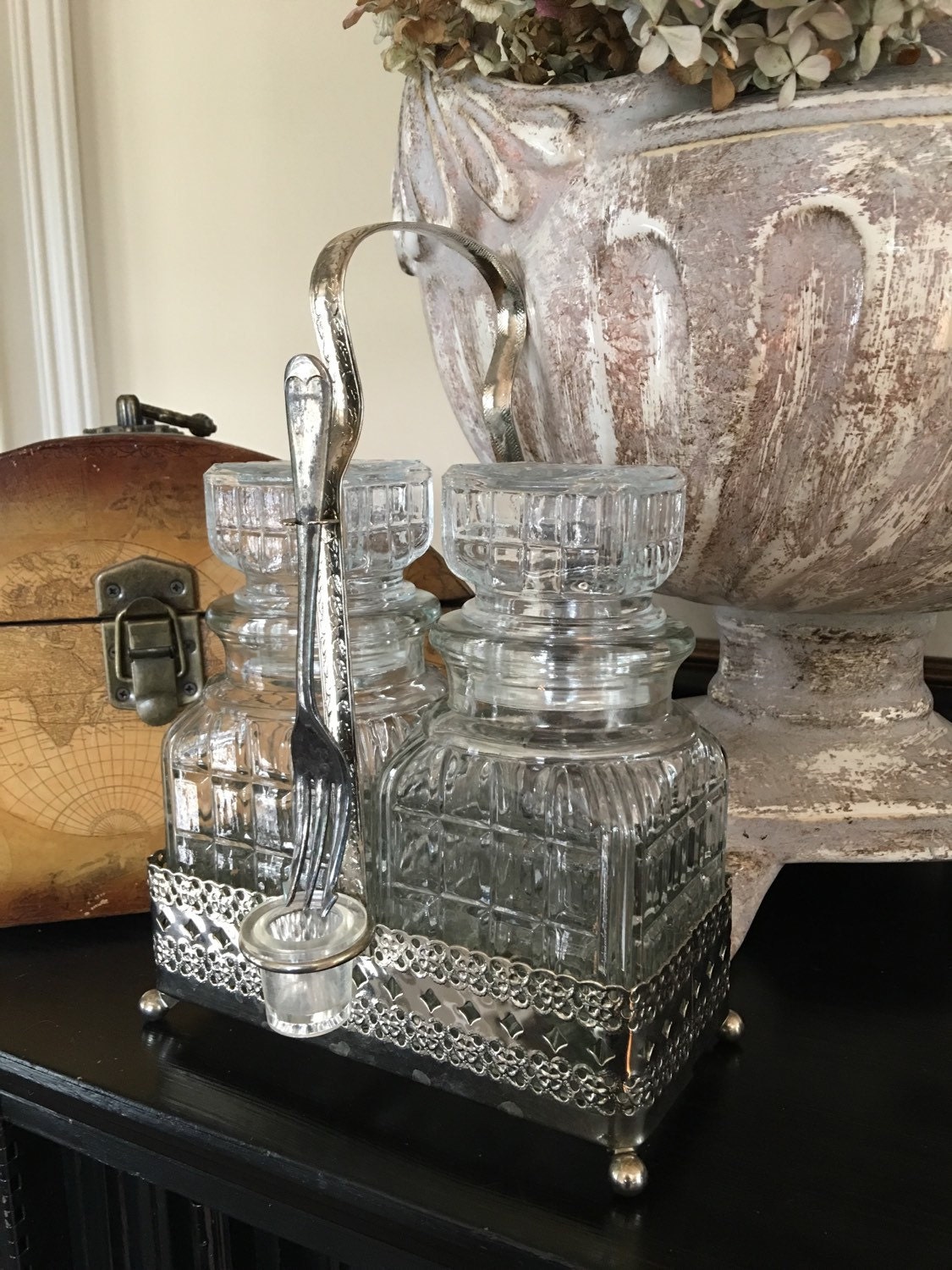 Vintage Double Pickle Castor Glass Cruet Set Silver