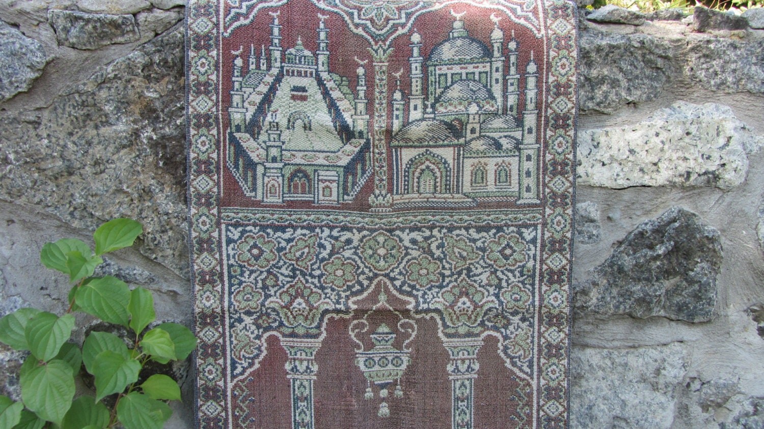 Cotton/silk vintage prayer rug, Christmas Eastern small tablecloth, cotton/silk