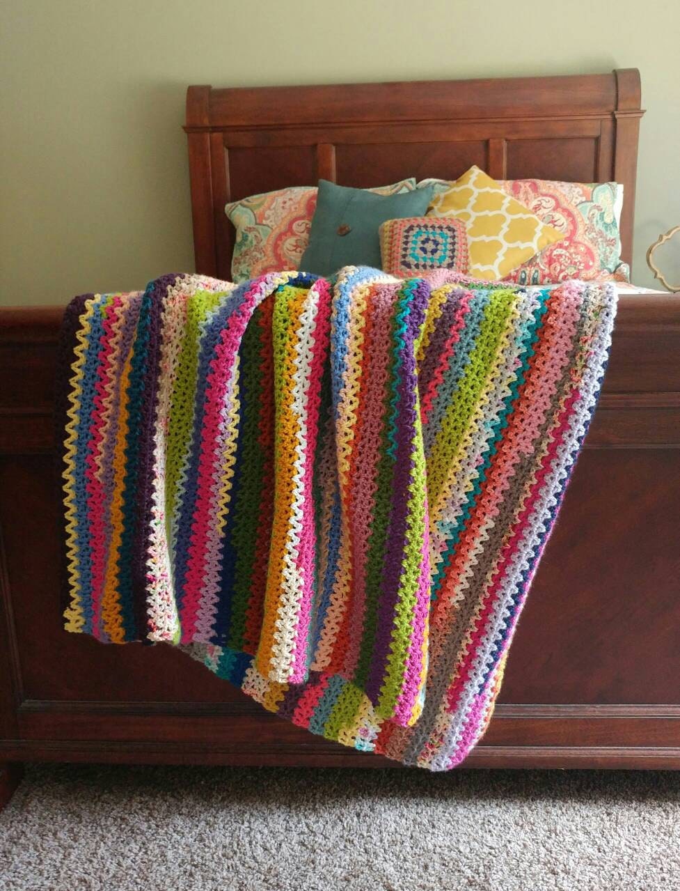 Multi Colored Crochet V Stitch Queen Size Afghan Blanket Throw