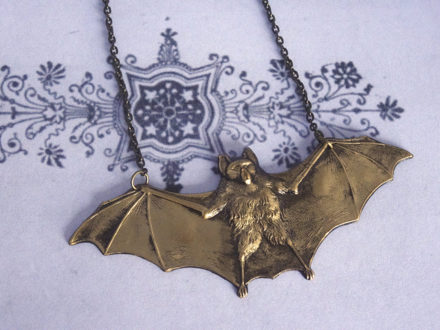 Vintage Bat Necklace Wings Open Outstretched By PeculiarCollective