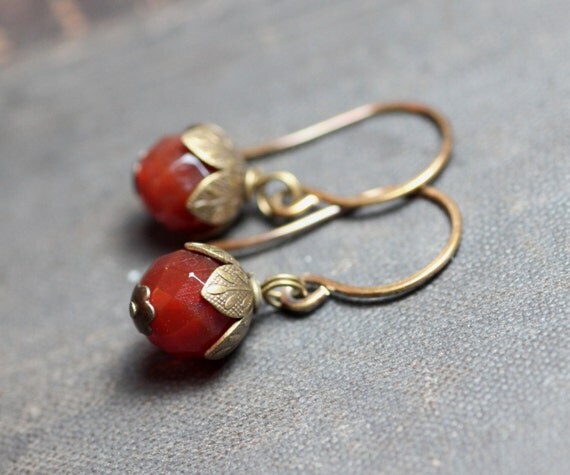 Red Carnelian Earrings Brass Leaf Rustic By Thetwistedpretzel