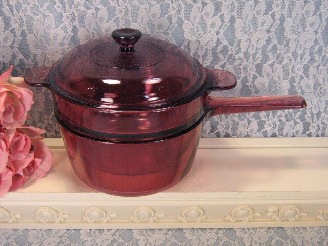 Corning Pyrex Cranberry Visions Glass Cookware Double Boiler